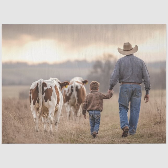 Decoupage Cowboy & Son Hand in Hand mit Rindern Seidenpapier (Vorderseite)