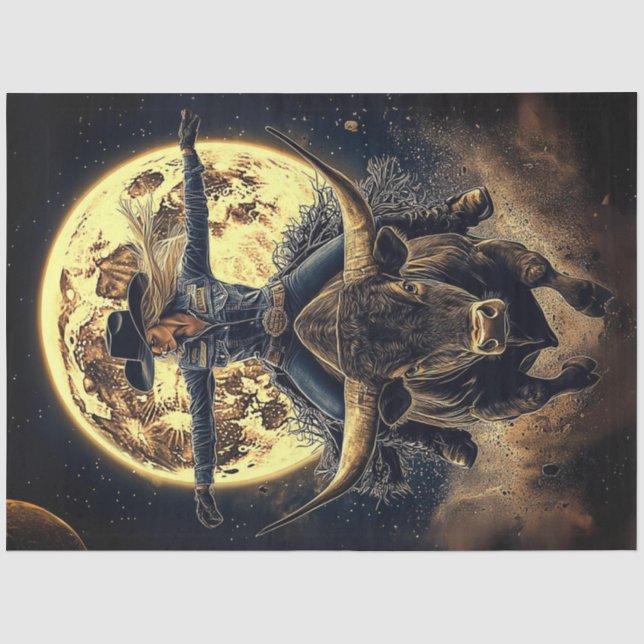 Decoupage Cowgirl Reitbulle auf dem Mond Hintergru Seidenpapier (Vorderseite)