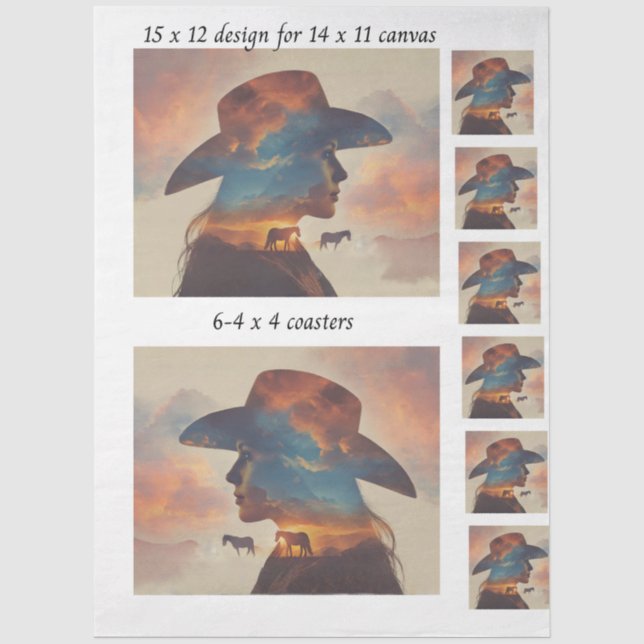 Decoupage Cowgirl Silhouette 11x14 Canvas Coasters Seidenpapier (Vorderseite)