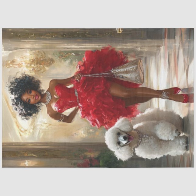 Decoupage Elegant Lady Red Dress & Standard Poodle Seidenpapier (Vorderseite)