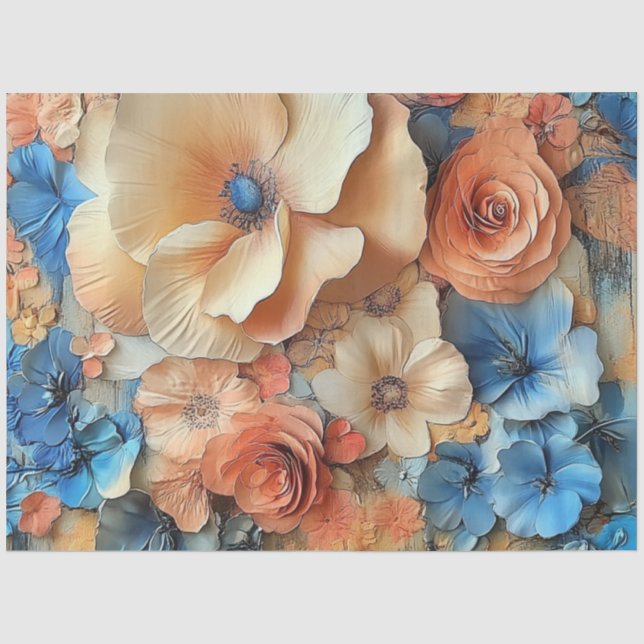 Decoupage Elegante Pastel Blume Blue Peach Cream Seidenpapier (Vorderseite)