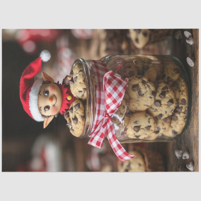 Decoupage Elf oben auf eine Schokolade Cookie Jar Seidenpapier (Vorderseite)