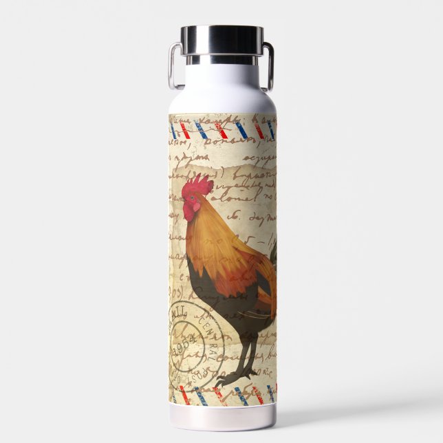 Decoupage Ephemera Rooster Barfarm Wasserflasche Trinkflasche (Vorne)