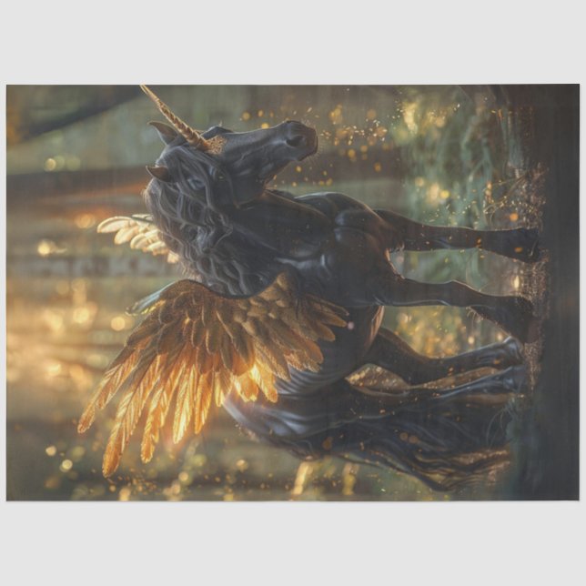 Decoupage Fantasyland Black Unicorn Gold Wings Seidenpapier (Vorderseite)