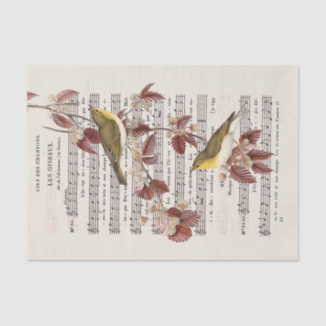 Decoupage French Vintag Sheet Music Wren Birds Seidenpapier (Vorderseite)