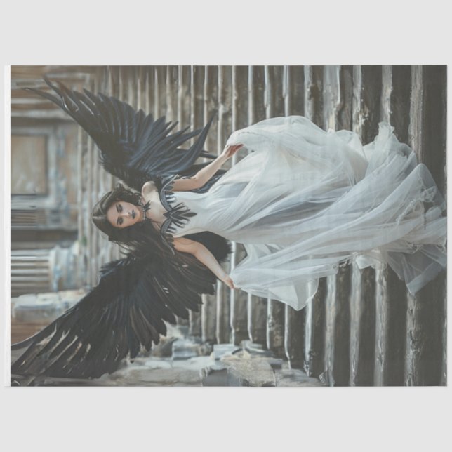 Decoupage Gothic Good Angel White Dress Black Wing Seidenpapier (Vorderseite)