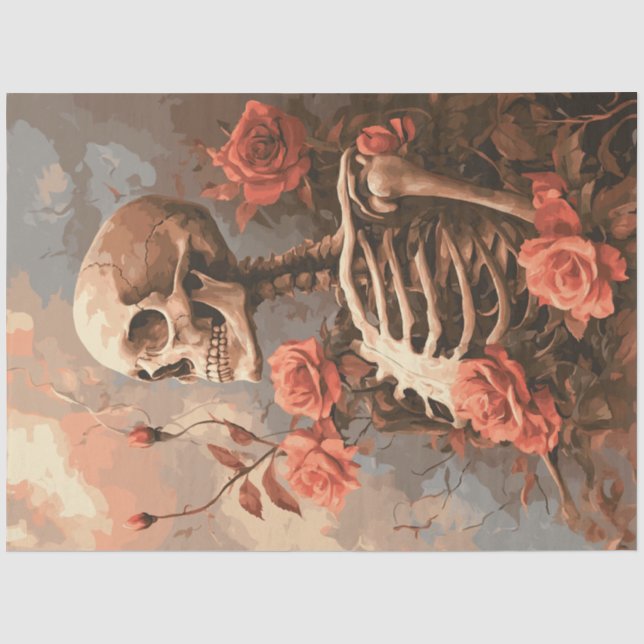 Decoupage Gothic Skelett Umgeben Peach Rose Seidenpapier (Vorderseite)