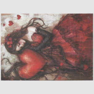Decoupage Gothic Woman Red Dress Valentine Herz Seidenpapier