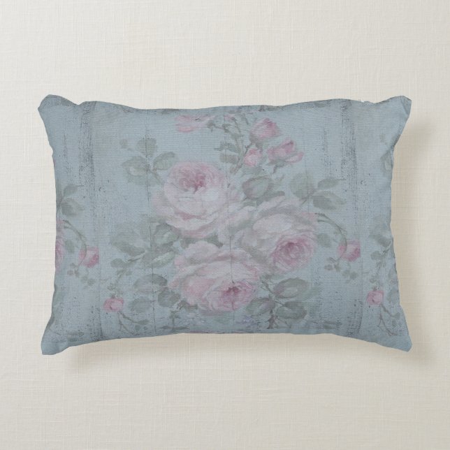 Decoupage, grau aquamarin, blumenreich, Shabby Chi Dekokissen (Vorderseite)