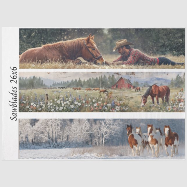 Decoupage Handsaw Design Cowboy, Red Barn, Horses Seidenpapier (Vorderseite)