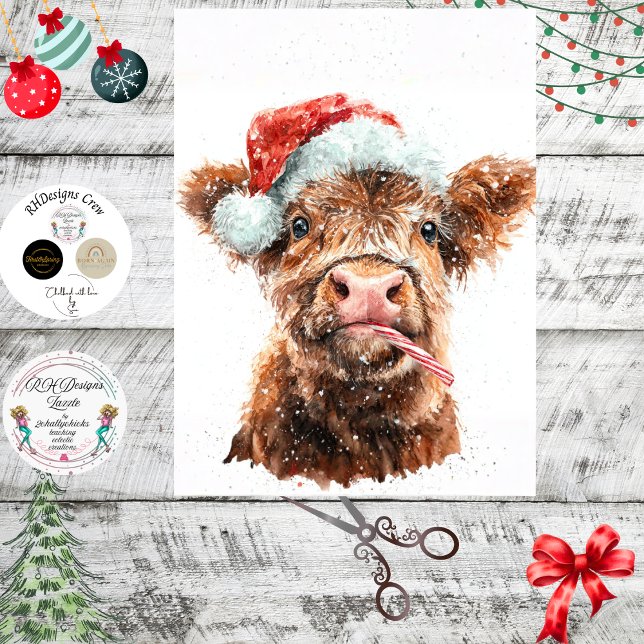 Decoupage Highland Calf Santa Hat Candy Cane Seidenpapier (Von Creator hochgeladen)