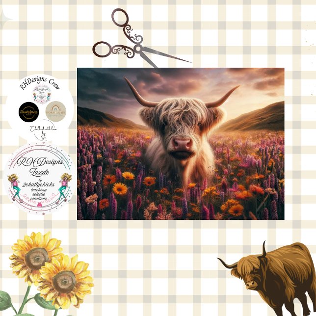 Decoupage Highland Cow Sunset Flowers  Seidenpapier (Von Creator hochgeladen)