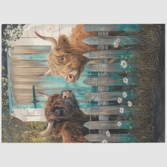 Decoupage Highland Cows Front Aquamarin Stall Seidenpapier (Vorderseite)