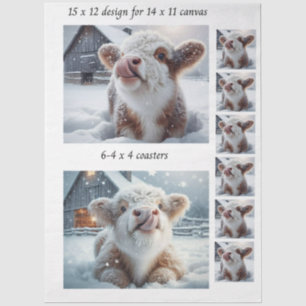 Decoupage Highland Kalb Schnee 11x14 Leinwandunter Seidenpapier