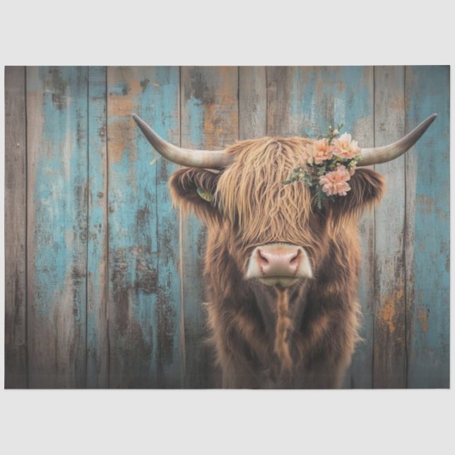 Decoupage Highland Kuh Shaggy Fur Wetterzaun Seidenpapier (Vorderseite)