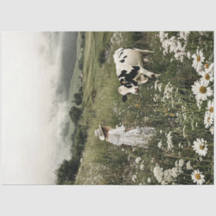 Decoupage Holstein Cow & Girl in Field Wildblume Seidenpapier