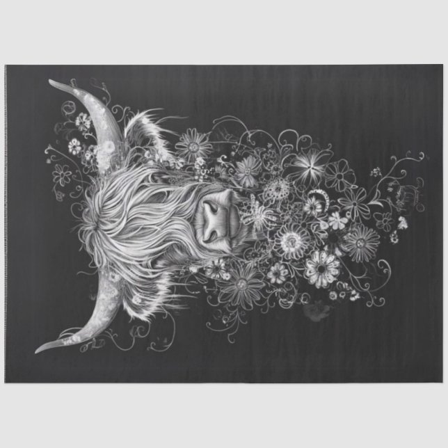 Decoupage Intricate Schwarz-weiß Highland Cow Seidenpapier (Vorderseite)