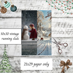 Découpage Kind Schneemann Kirche Winter Schlitten Seidenpapier