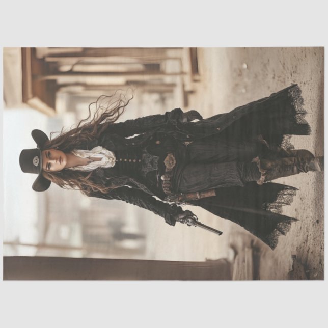 Decoupage Lady Sheriff im Schwarzen Western Style Seidenpapier (Vorderseite)