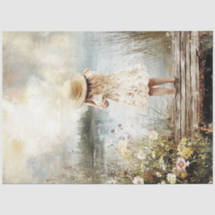 Decoupage Lil Girl Clara auf Dock Lake Straw Hat Seidenpapier