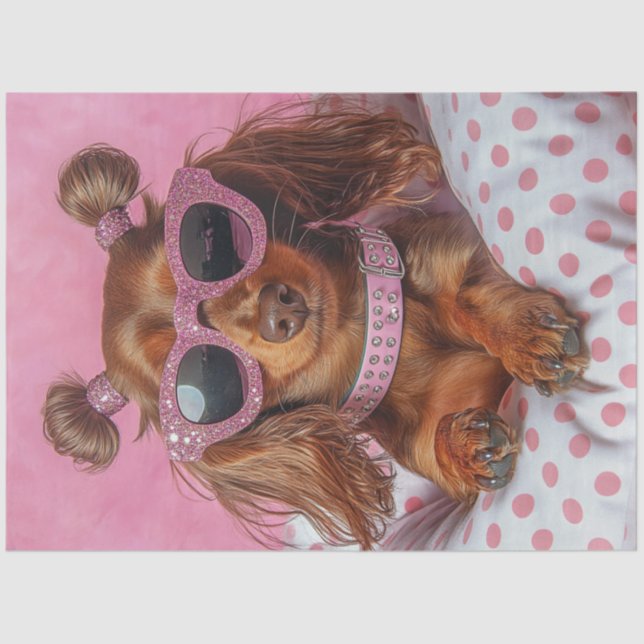 Decoupage Longhaired-Dackel in PINK Seidenpapier (Vorderseite)