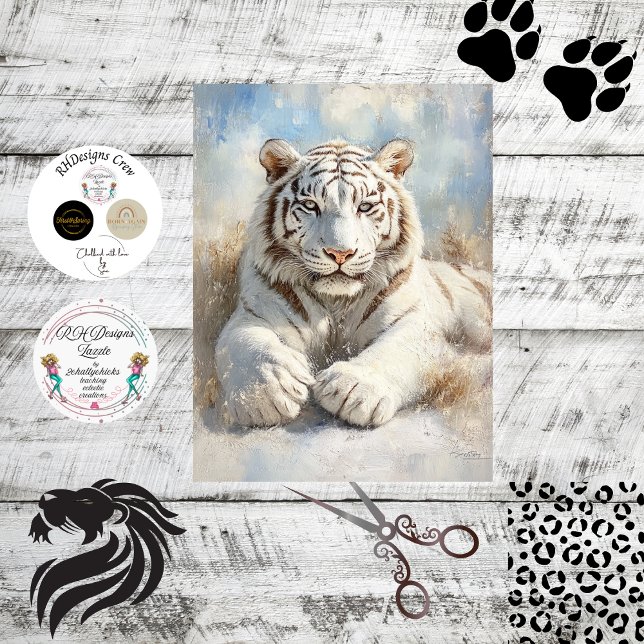 Decoupage Majestic White Tiger Lay auf dem Feld Seidenpapier (Von Creator hochgeladen)