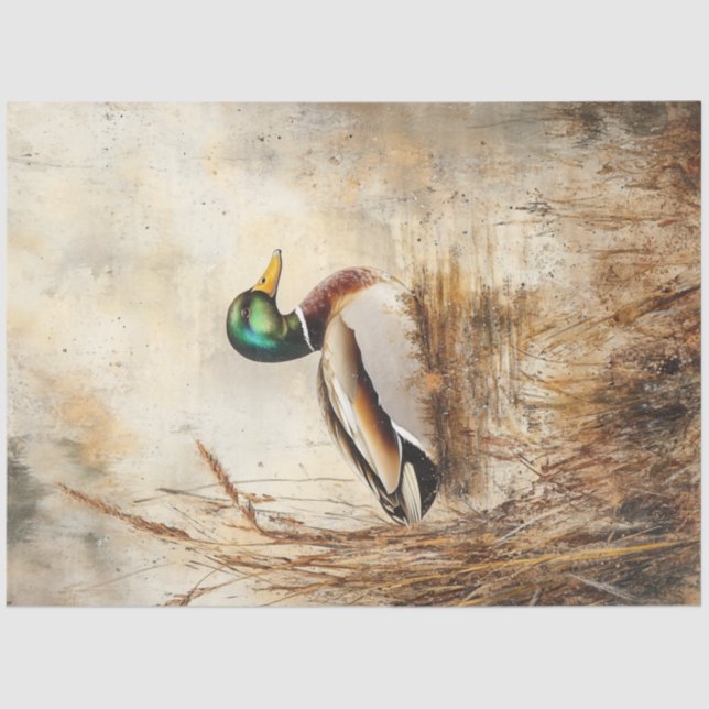 Decoupage Mallard Duck Floating Sage Grass Seidenpapier (Vorderseite)