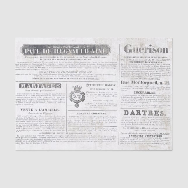 Decoupage of French Newspapier Ads Crown Ehe Seidenpapier (Vorderseite)