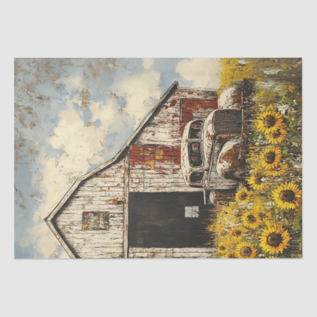 Decoupage Old White Red Barn White Rusty Truck Seidenpapier (Vorderseite)