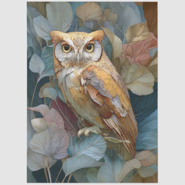 Decoupage Owl mit Blätter Jugendstil Seidenpapier (Vorderseite)