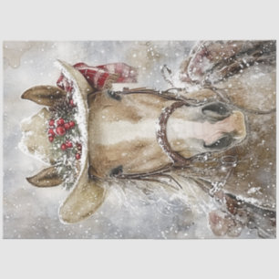 Decoupage Pferd mit Cowboy Hat Winterszene Seidenpapier