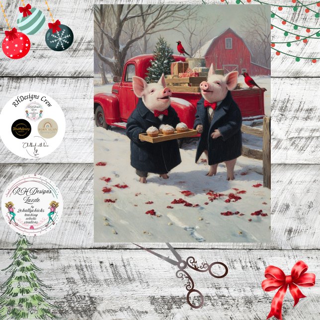 Decoupage Piglets Celebrating Christmas on Farm  Seidenpapier (Von Creator hochgeladen)