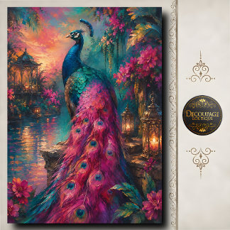 Decoupage Pinker Pfau Sonnenuntergang Garten Seidenpapier