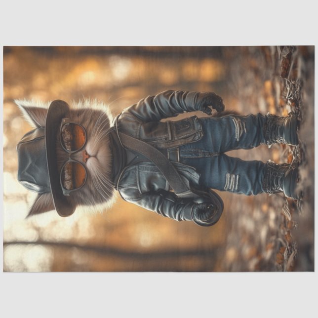 Decoupage Rebellious Cat Leather Jacket ist Umarmu Seidenpapier (Vorderseite)