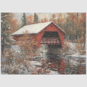 Decoupage Red Covered Bridge Winter Szene Seidenpapier