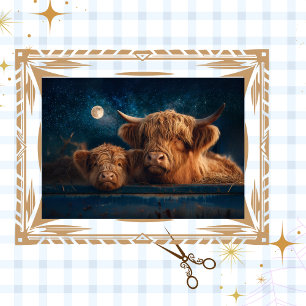 Decoupage Rustic Moonlit Highland Kühe in Trough Seidenpapier