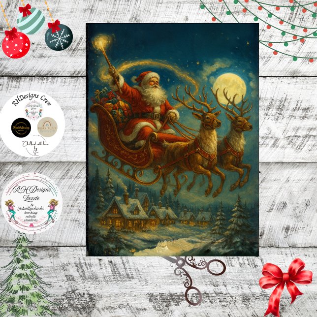Decoupage Santa & Reindeer Sleighing in Night Sky  Seidenpapier (Von Creator hochgeladen)