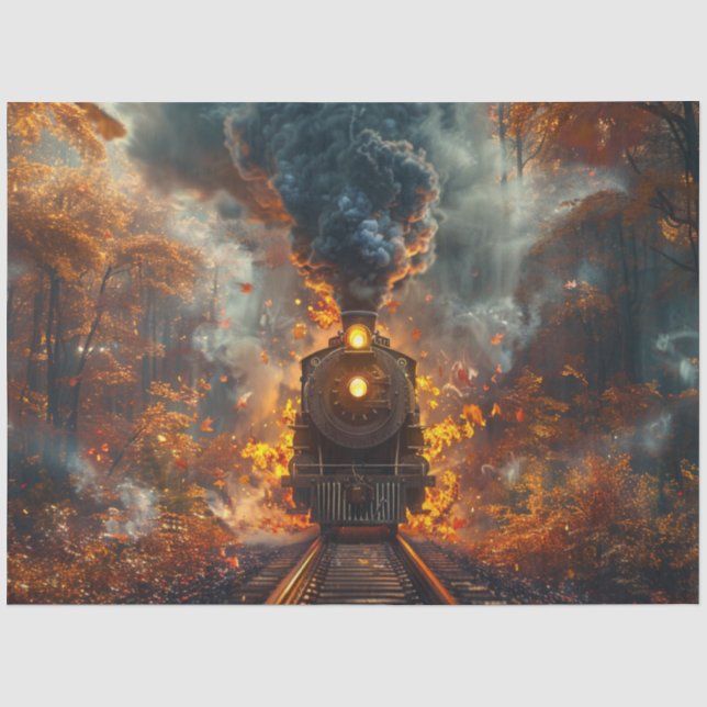 Decoupage Steam Locomotive Autumn Forest & Fire Seidenpapier (Vorderseite)