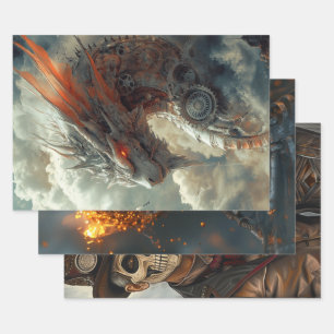 Decoupage-Steampunk-Drache, Totenkopf und Paar Geschenkpapier Set