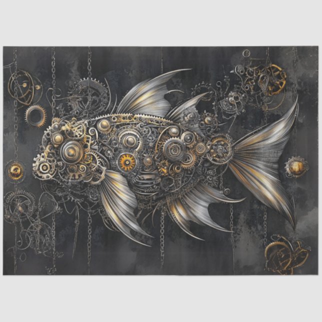 Decoupage Steampunk Fisch Silver Gold Metallic Seidenpapier (Vorderseite)