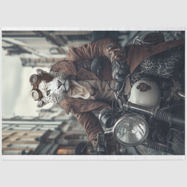 Decoupage Steampunk Leo Leopard Motorrad-Fahrer Seidenpapier (Vorderseite)