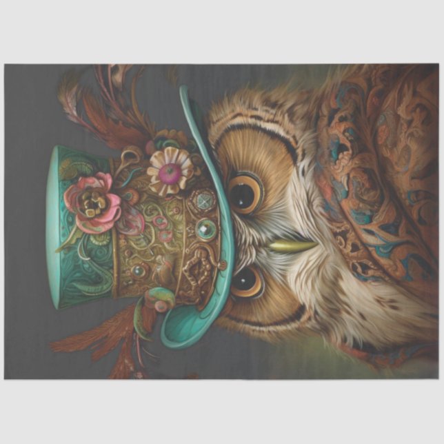 Decoupage Steampunk Owl Aquamarin & Featherhut Seidenpapier (Vorderseite)