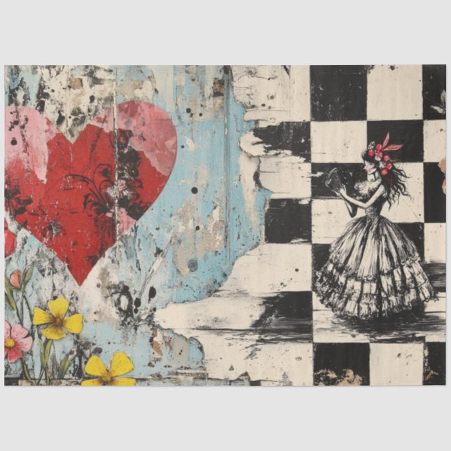Decoupage Valentine Red Heart Checkered Muster Seidenpapier (Vorderseite)
