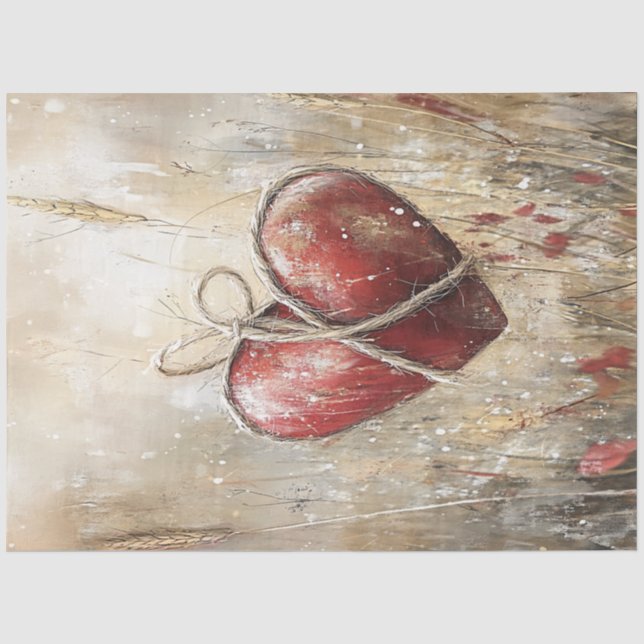 Decoupage Valentine Rustikales Herz mit Wein Seidenpapier (Vorderseite)