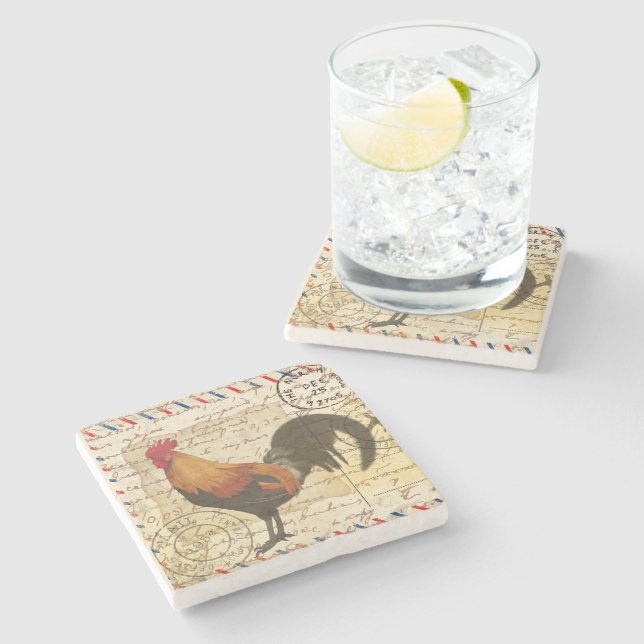 Decoupage Vintag Ephemera Farm Barn Rooster Steinuntersetzer (Seitenansicht)