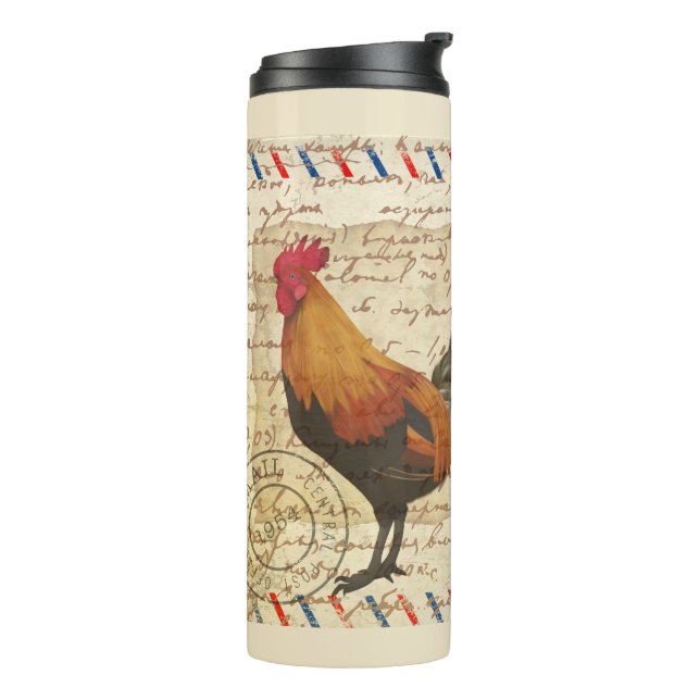 Decoupage Vintag Ephemera Farm Barn Rooster Thermosbecher (Nach links gedreht)