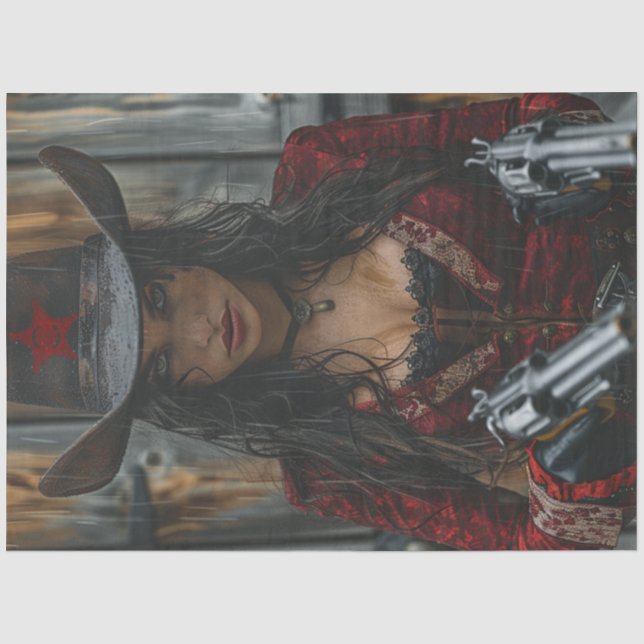 Decoupage Western Cowgirl Sheriff 2 Waffen Seidenpapier (Vorderseite)