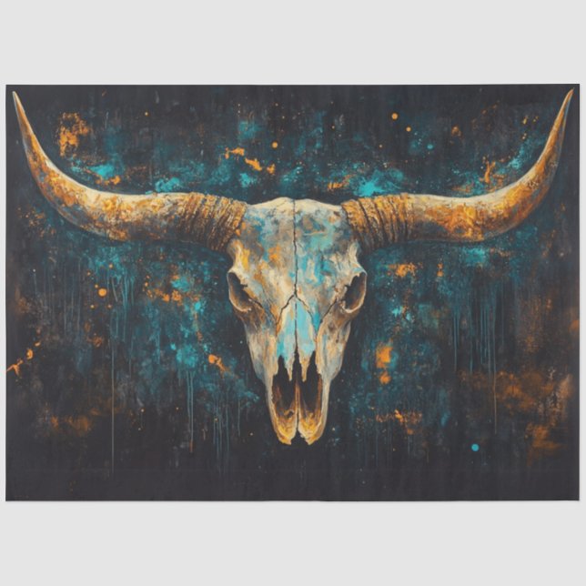 Decoupage Western Skull Longhorn Aquamarin Rust Seidenpapier (Vorderseite)