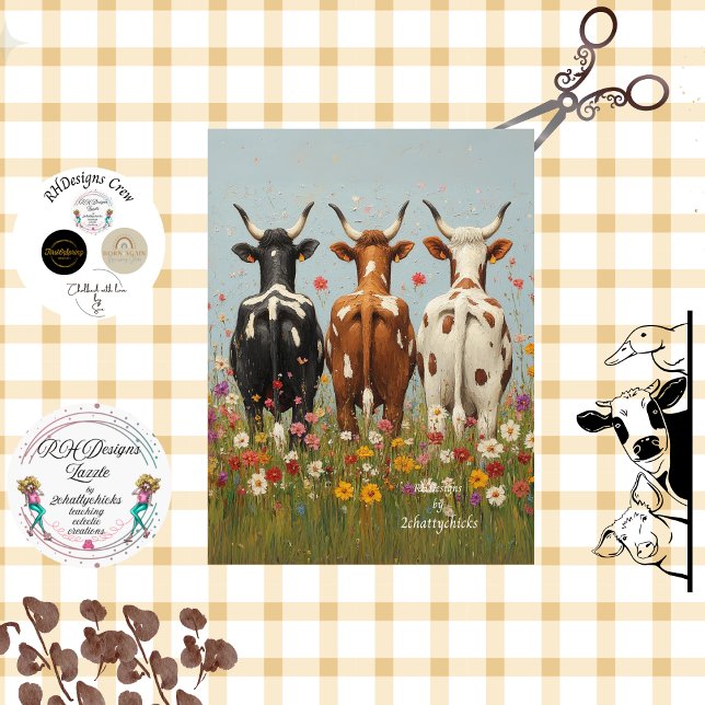 Decoupage Whimsical 3 Cow Friends Field Wildblume Seidenpapier (Von Creator hochgeladen)