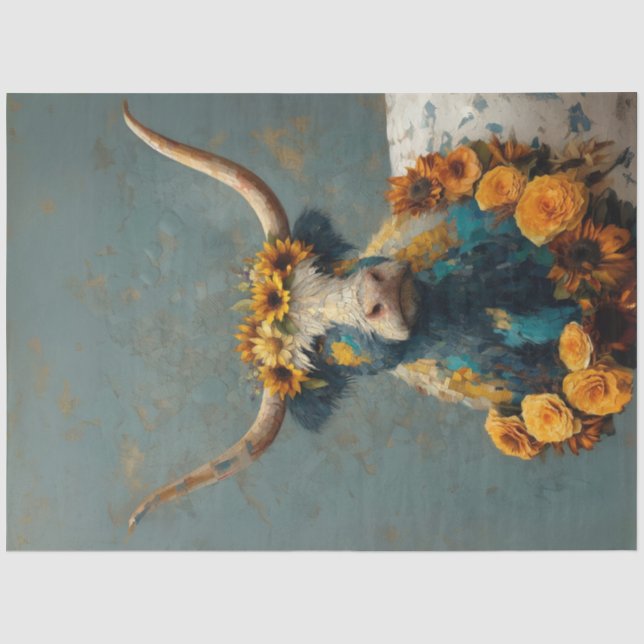 Decoupage Whimsical Blue Cracked Highland Cow Seidenpapier (Vorderseite)